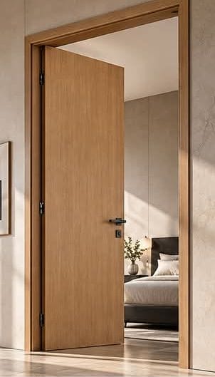 Oak flush door shown open into a bedroom