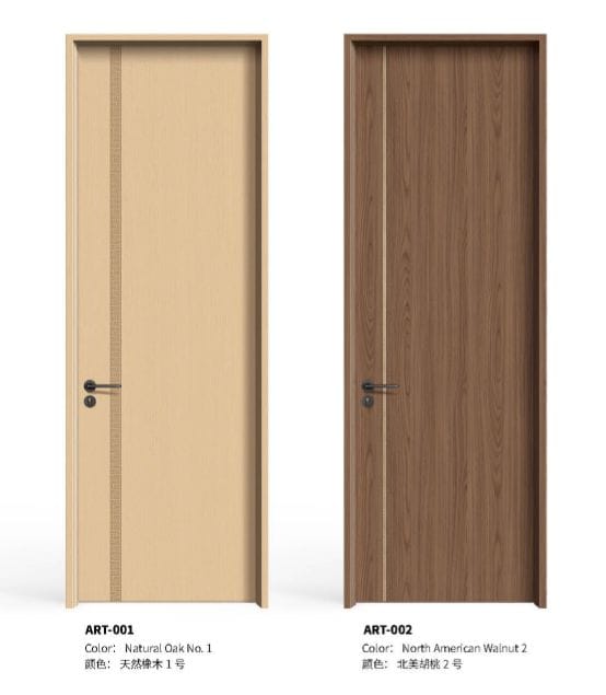 Natural oak and walnut flush door finishes side by side