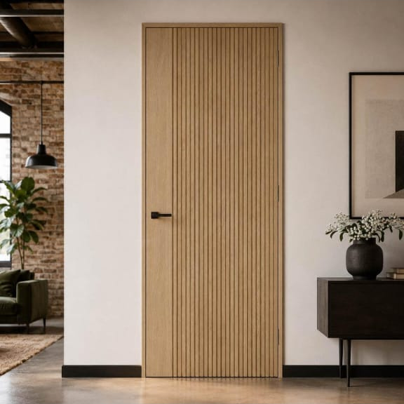 Oak slat-groove door in a modern living room setting