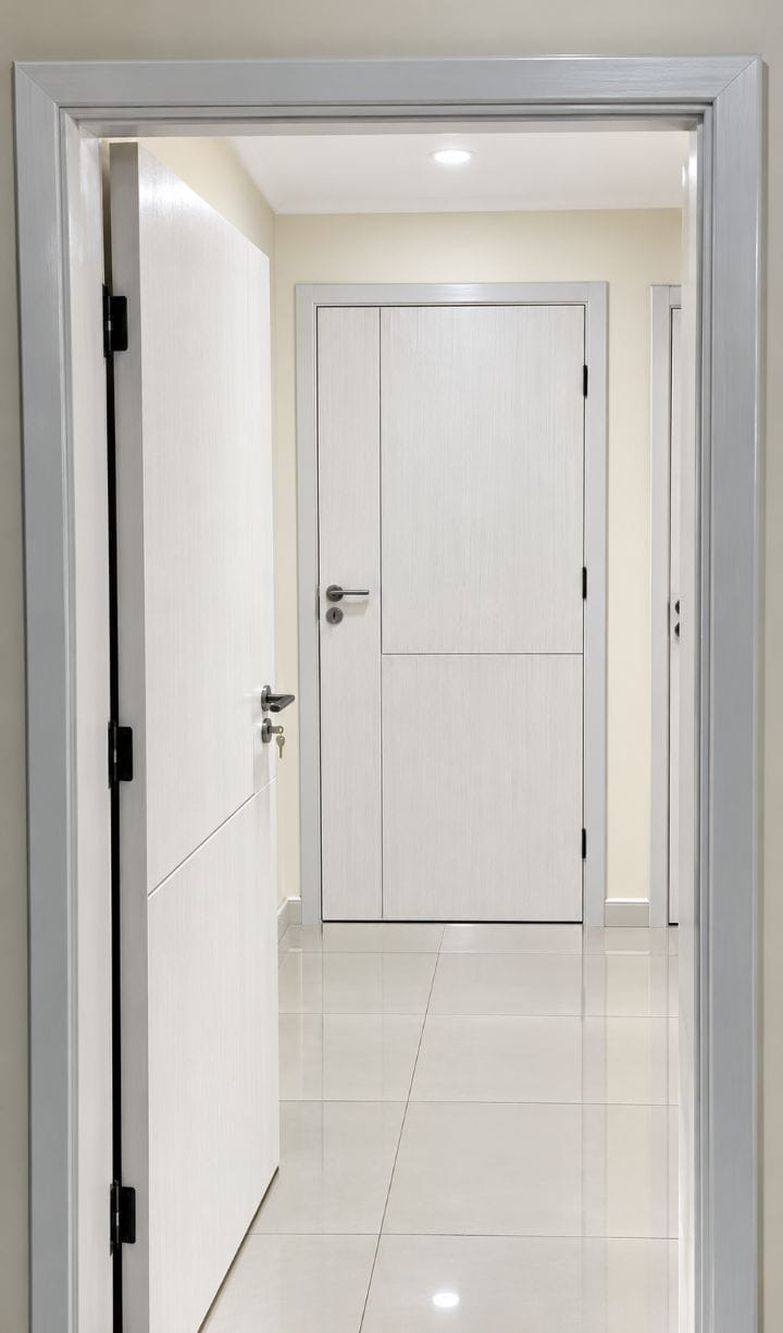 White woodgrain flush doors installed along a corridor
