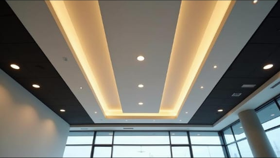 Gypsum ceiling with warm cove lighting and downlights